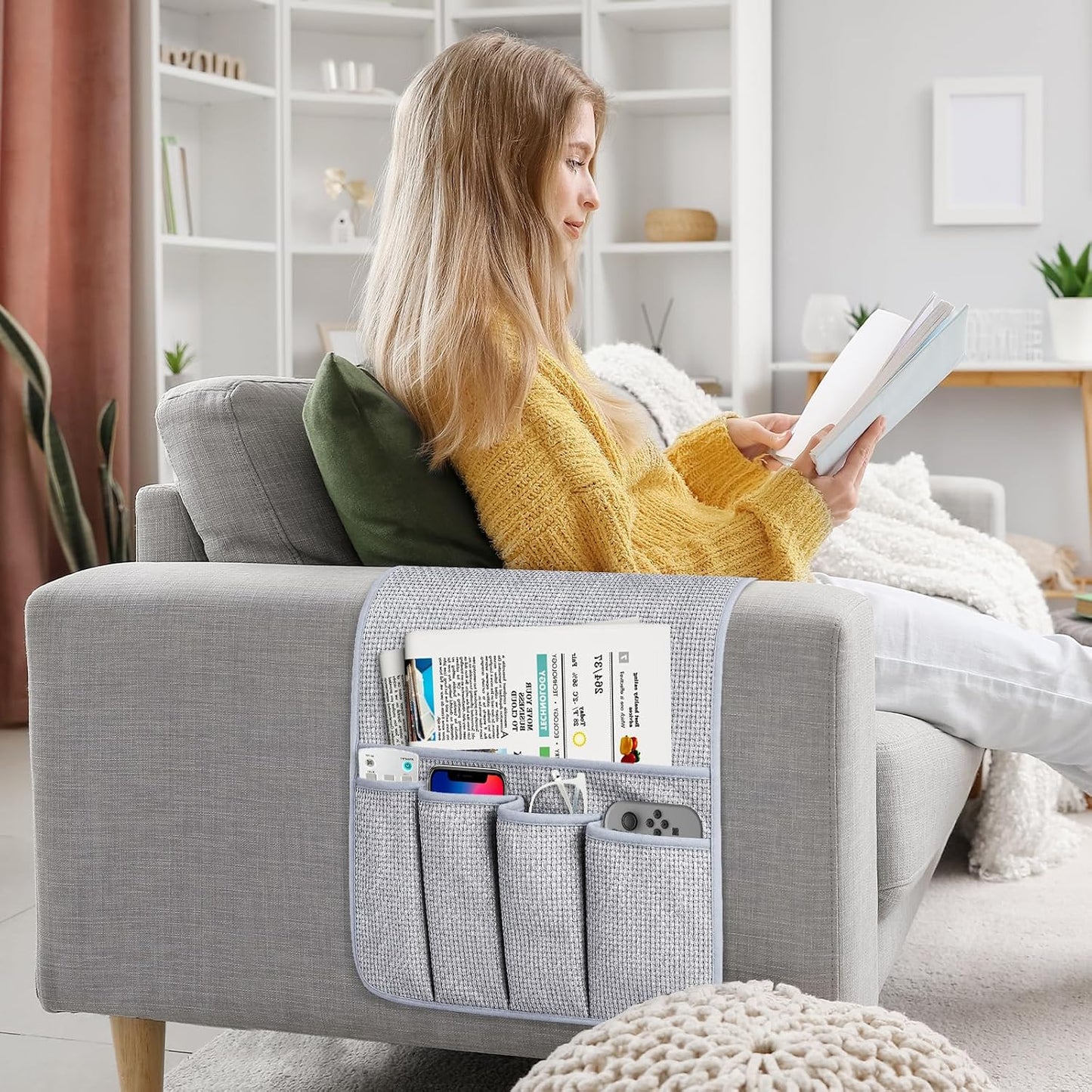 Remote Control Holder Couch Caddy, Armchair Caddy for Recliner 5 Pockets | TV Remote Holder Couch Armrest for Bed Storage with 5 Pockets, Remote Caddy Bedside Table Organizer (Light Gray,35''x13'')