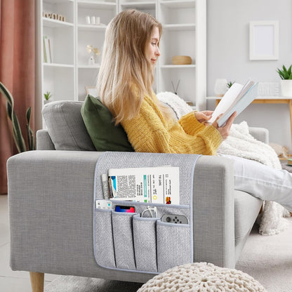 Remote Control Holder Couch Caddy, Armchair Caddy for Recliner 5 Pockets | TV Remote Holder Couch Armrest for Bed Storage with 5 Pockets, Remote Caddy Bedside Table Organizer (Light Gray,35''x13'')