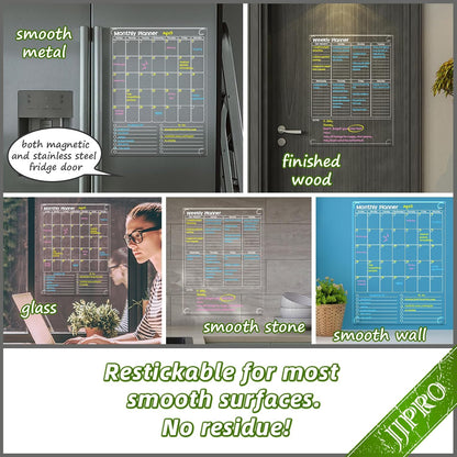 JJPRO Non-Magnetic Dry Erase Monthly Calendar, Clear Weekly Meal Board for Fridge -Starts Sunday,12"x16" Reusable Weekly Planner Stick to Fridge,Wall, All Smooth Surfaces