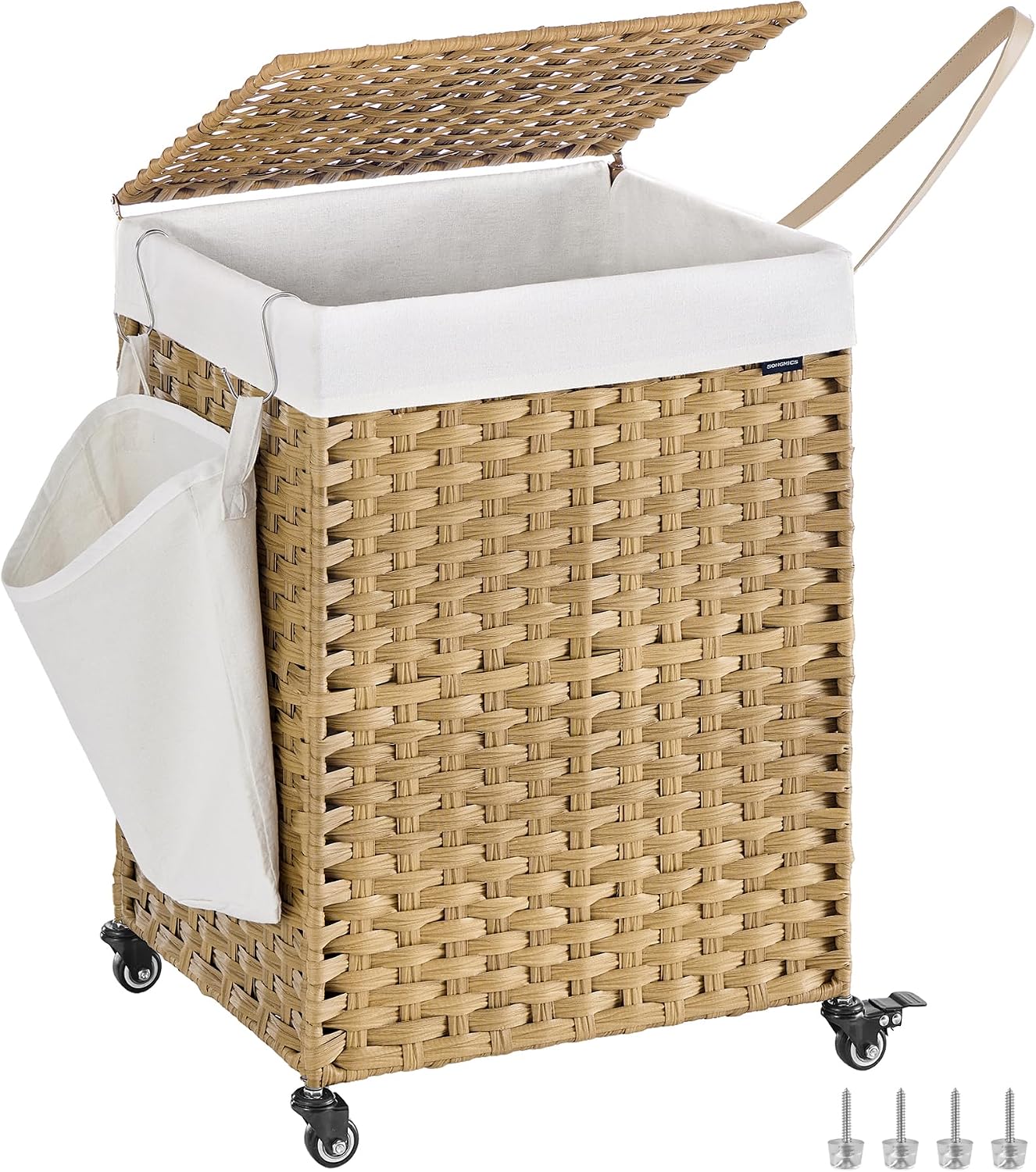 SONGMICS Laundry Hamper with Lid, 42.3 Gallons (160 L), Rolling Laundry Basket with Wheels, 3-Section Synthetic Rattan, Removable Liner, Bedroom, 29.9 x 13 x 26 Inches, Natural ULCB365N01