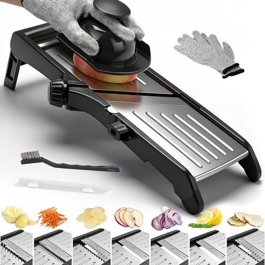 -BINGBING- Mandoline Slicer for Kitchen, 7-in-1 Adjustable Vegetable Slicer | Stainless Steel Food slicer, Adjustable Blade, Slices, Julienne, Waffle and French Fries Cut, Includes Gloves and Brush
