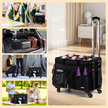 Extra Large Cleaning Caddy Bag with Built-In Support Board, Cleaning Tote Organizer with Removable Divider, Supply Carryall with Adjustable Shoulder Strap and Waist Belt for Cleaners & Housekeeper