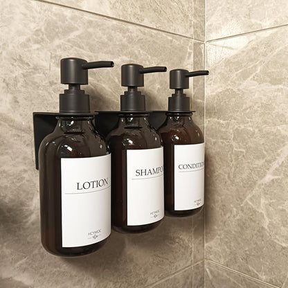 3 Pack Wall Mount Shower Dispenser, No Drill, 16 Waterproof Labels | Shampoo Dispenser for Shower Wall, Shampoo and Conditioner Dispenser, Bathroom, 17oz, Gold Amber