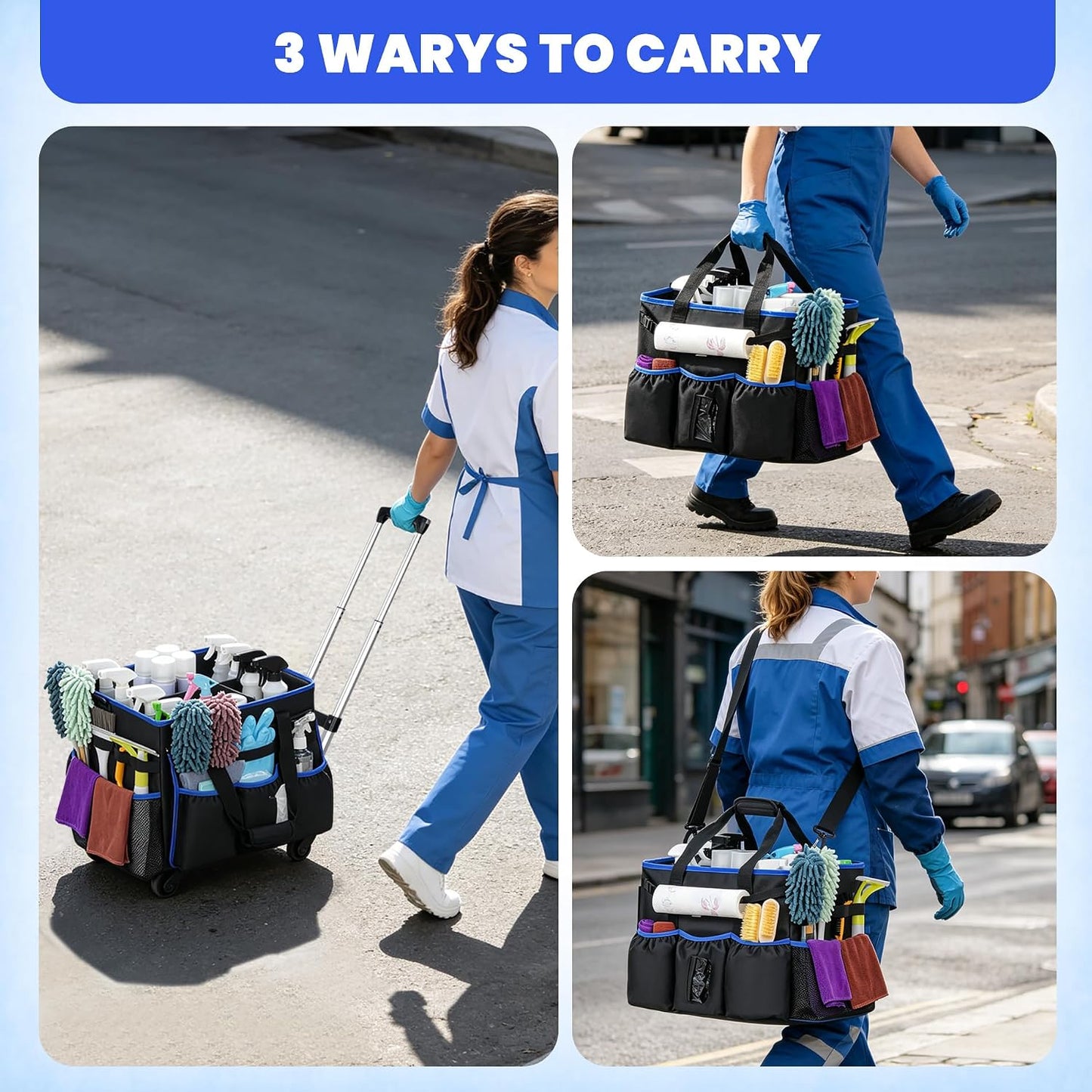 Rolling Cleaning Caddy Bag with Detachable Trolley, Large Multi-Pockets Cleaning Supply Organizer with Handles and Shoulder Strap, Cleaning Cart Supplies Organizer for Housekeepers, Cleaners, Car