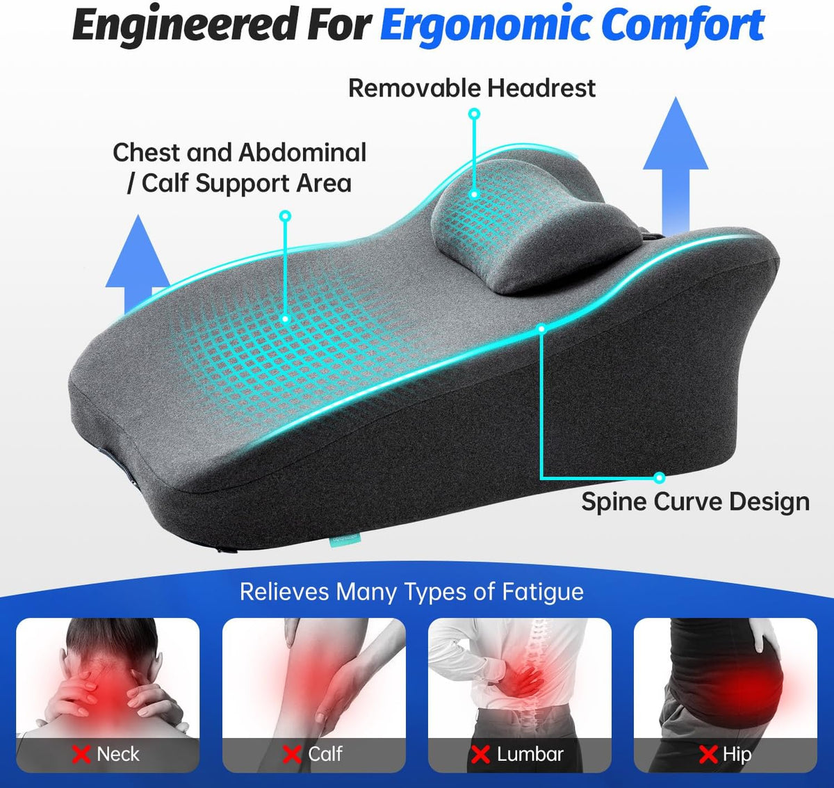 Memory Foam 27 Degree Wedge Pillow, Reading Sofa Back Support Lumbar Pillow for Couch & Bed, for Couples, for Sitting Up in Bed, Acid Reflux & Back Discomfort Relief, Removable Washable Cover, Gray
