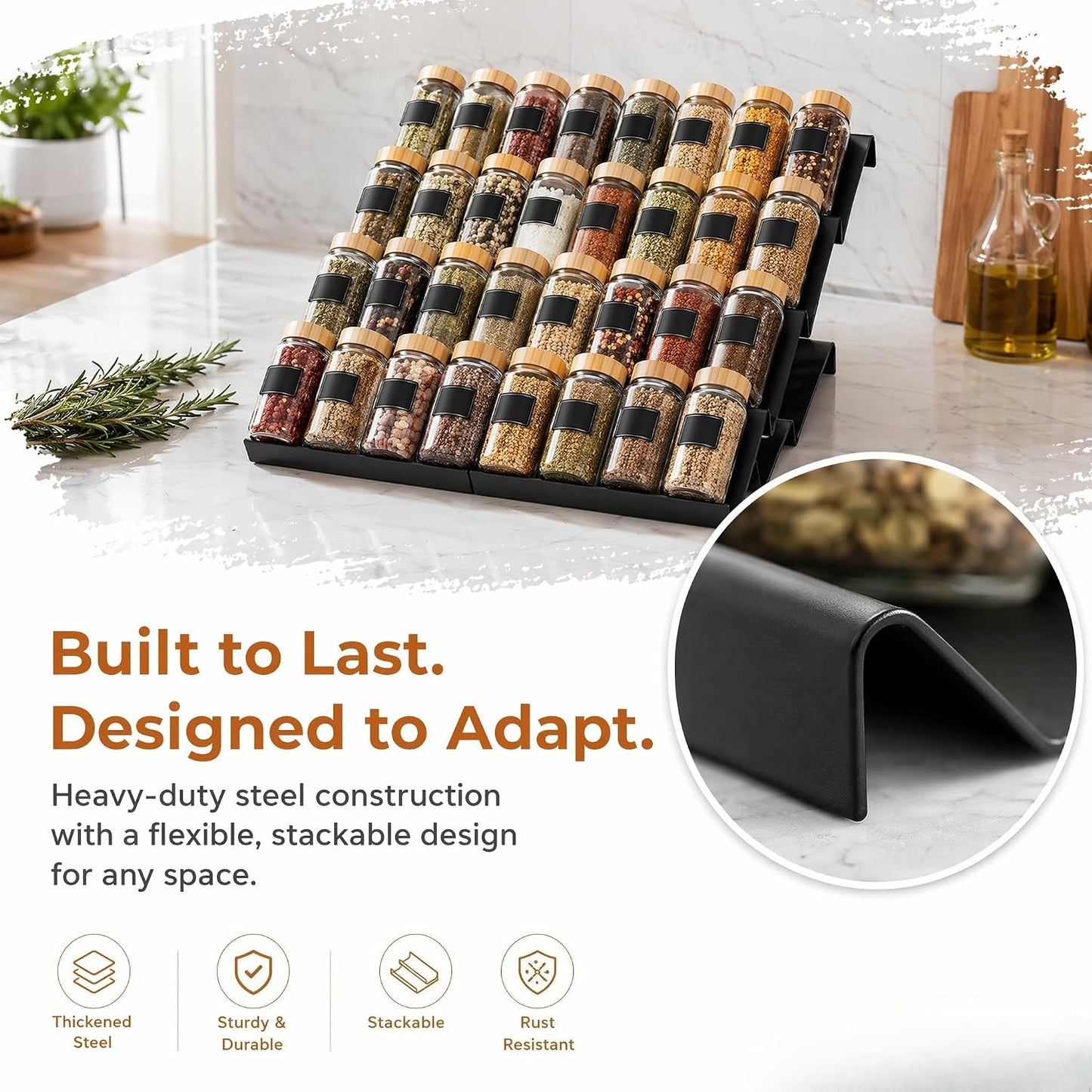 8 Pack Expandable Spice Drawer Organizer Tray Insert for Kitchen | Holds 32 jars, 4 tier steps, tool-free assembly, easy clean surface