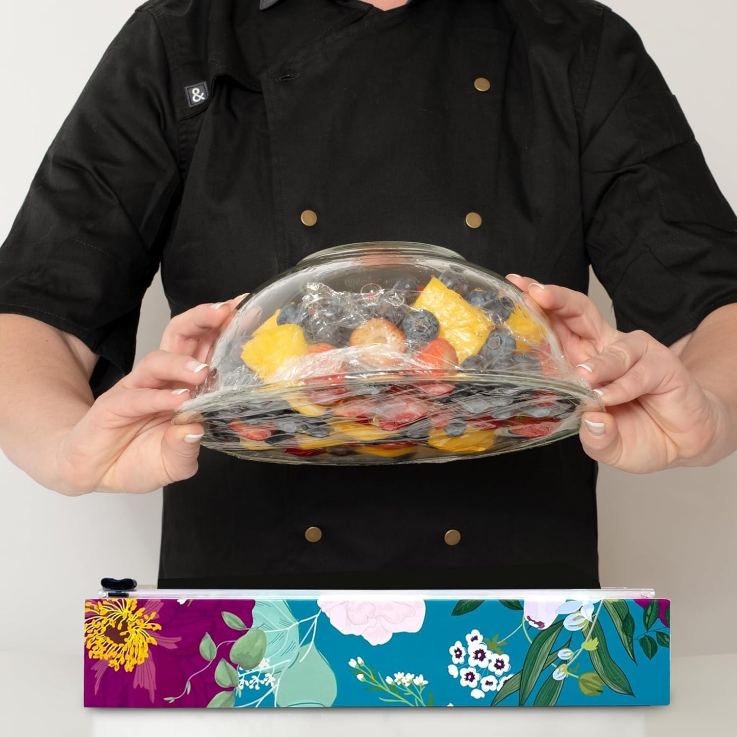 Chicwrap Veggies Refillable Plastic Wrap Dispenser - Includes One 12" x 250' Roll of Professional Grade Plastic Wrap - BPA Free and Kosher Certified - Reusable Dispenser w/Slide Cutter | Reusable Plastic Wrap Dispenser with Four Non-Slip Rubber Feet and