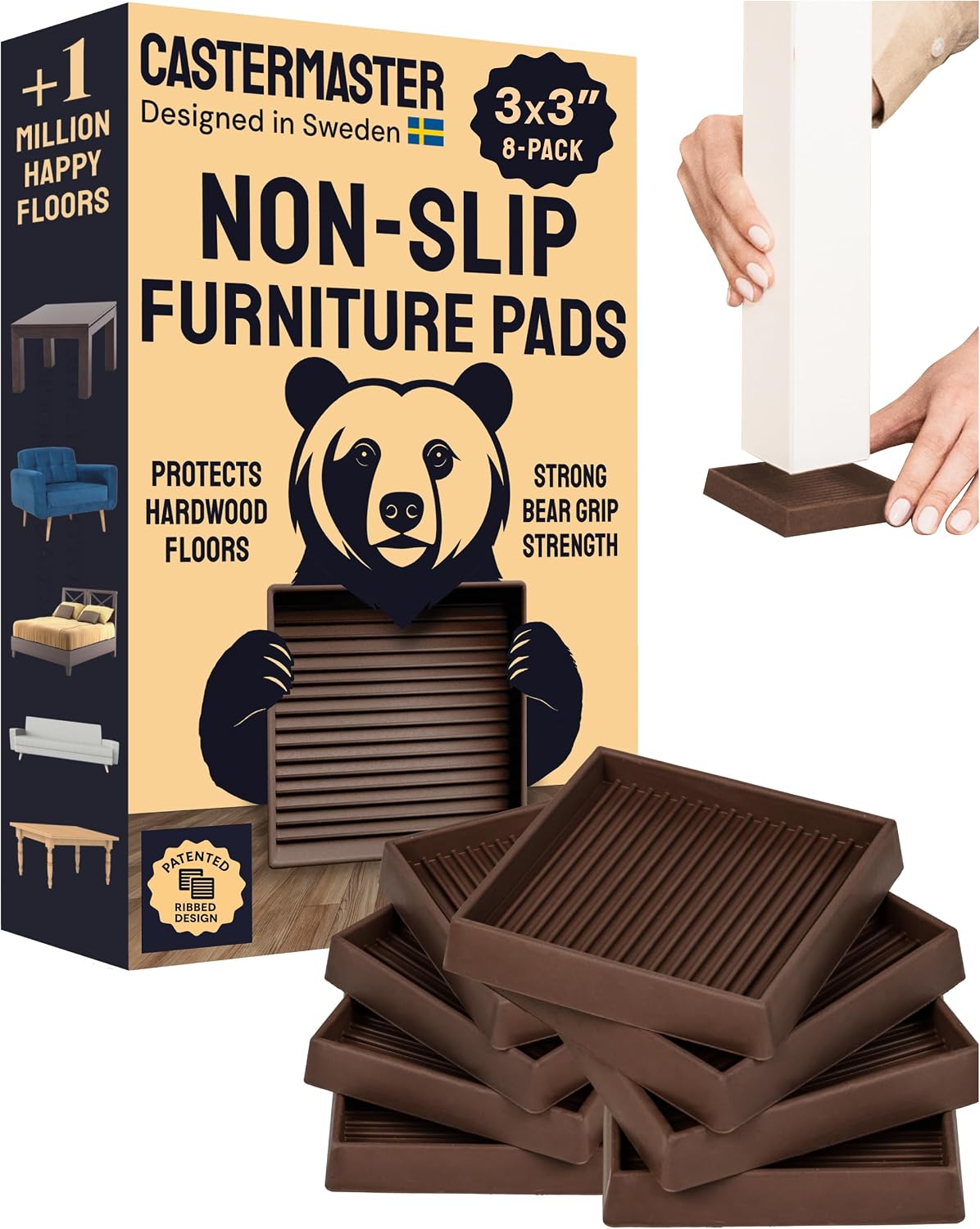 Non-Slip Furniture Pads - 4x4 in Brown, 4 Pack | Square rubber caster cups - anti-skid - Use for heavy sofas, beds & chairs on hardwood floors