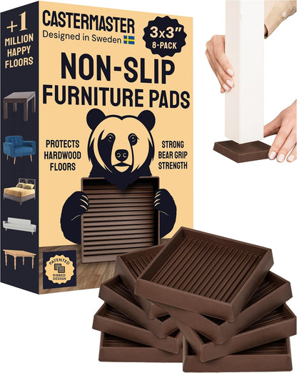 Non-Slip Furniture Pads - 4x4 in Brown, 4 Pack | Square rubber caster cups - anti-skid - Use for heavy sofas, beds & chairs on hardwood floors