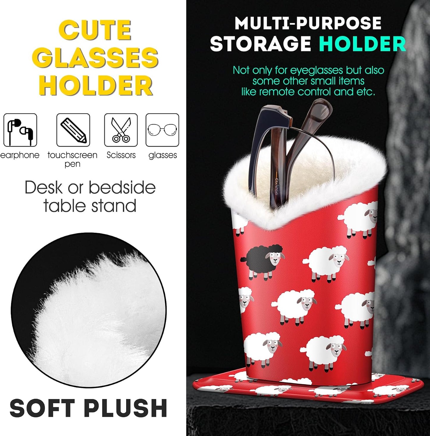 Plush Lined Eyeglasses Holder, PU Leather Glasses Stand Case