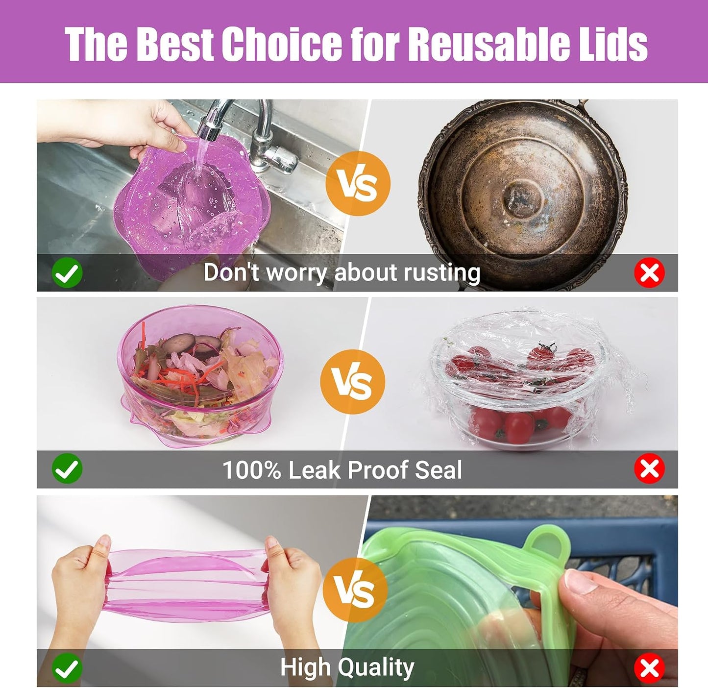 Silicone Stretch Lids for Food Storage in Fridge, Reusable Elastic Bowl Covers for Cup, Cans, Jars, Round & Rectangle Container, Food Grade Silicone Microwave Food Cover, Heat-Resistant, 6PCS