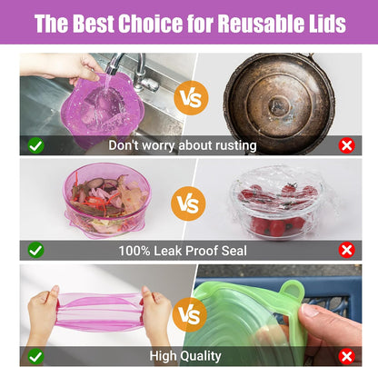 Silicone Stretch Lids for Food Storage in Fridge, Reusable Elastic Bowl Covers for Cup, Cans, Jars, Round & Rectangle Container, Food Grade Silicone Microwave Food Cover, Heat-Resistant, 6PCS
