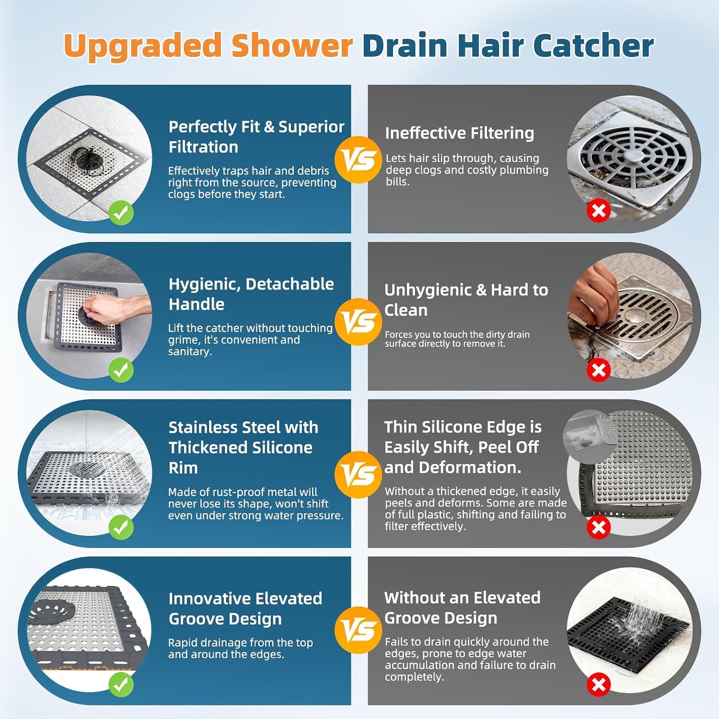 Hibbent Upgraded Shower Drain Hair Catcher for Bathroom Floor 4" Drain, Anti-Clogging Shower Drain Cover, Stainless Steel & Silicone Drain Strainer with Handle, Shower Drain Protector, Grey
