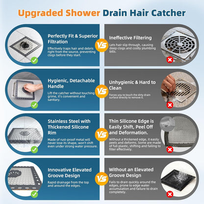 Hibbent Upgraded Shower Drain Hair Catcher for Bathroom Floor 4" Drain, Anti-Clogging Shower Drain Cover, Stainless Steel & Silicone Drain Strainer with Handle, Shower Drain Protector, Grey