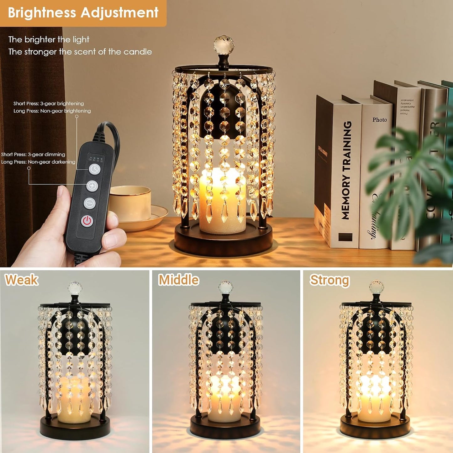 Gold Candle Warmer Lamp with Timer and Dimmer - Electric Candle Warmer,Crystal Candle Lamp for Bedroom Decor,Flameless Scented Candle Light Warmer,House Warming Gift New Home for Women