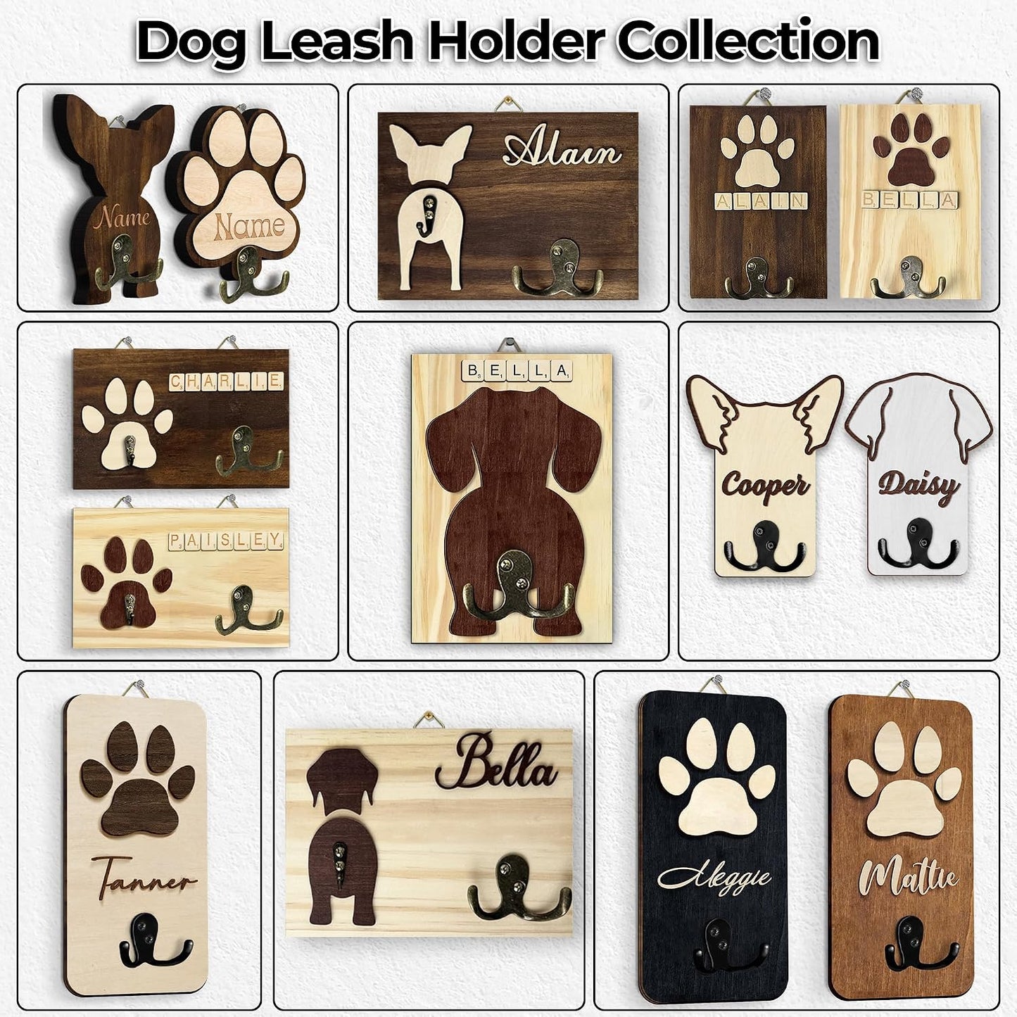 Dog Leash Holder Wall Mount, Pet Harness Hanger with Scrabble Letters, Dog Collar Organizer for Entryway, Memorial Cat Leash Holder for Wall, Pet Loss Gifts, Keepsake, Home Decor PF212-NAT