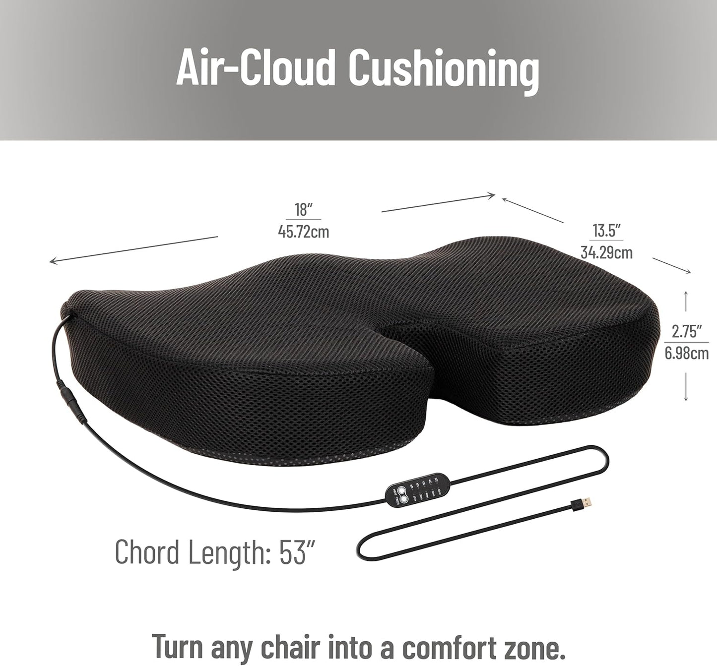 Mind Reader Heated Memory Foam Seat Cushion with Air-Cloud Support, Slim Ergonomic Cushion with 4 Heat Settings Timer and Auto Shut-Off, Black
