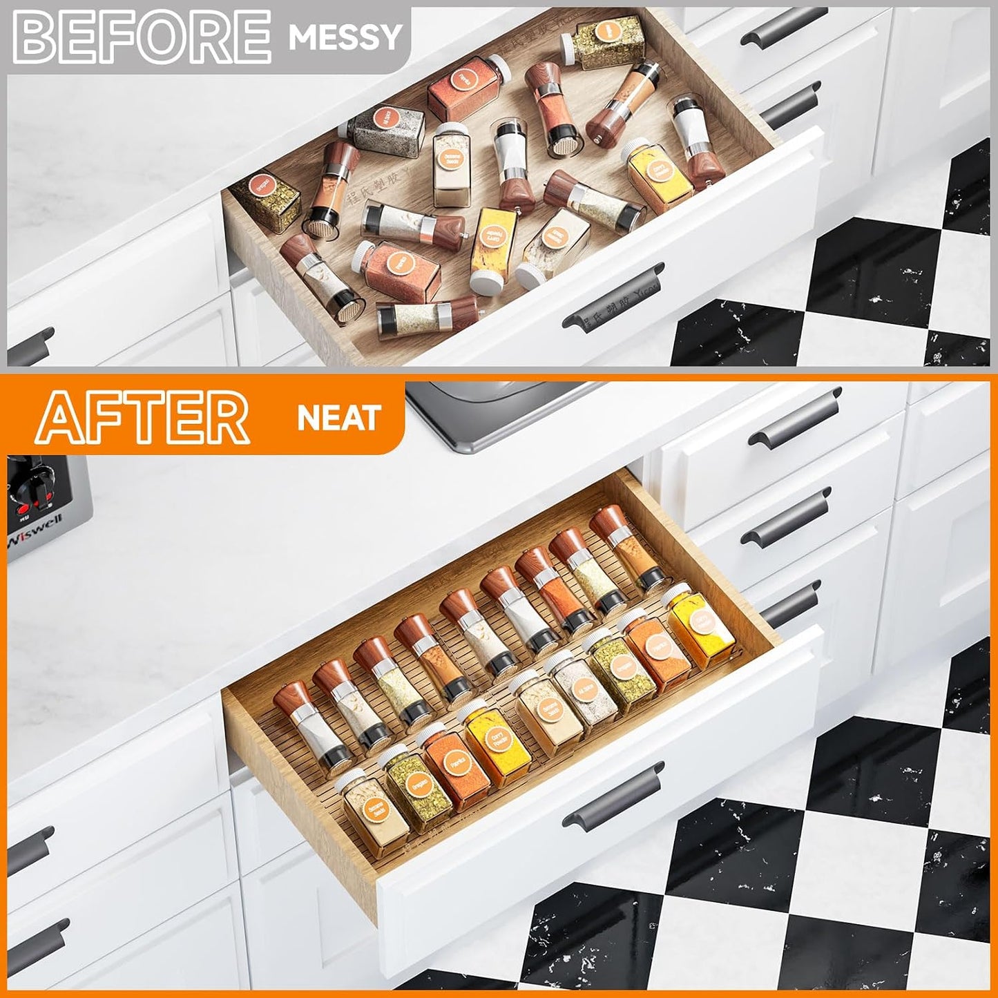 8 Pack Adjustable In Drawer Spice Organizer - Expandable From 11'' to 22'' - Acrylic Drawer Seasoning Organizer,Clear Spice Organization Tray for Cabinet Drawers Condiment,Nail Polish and Jar