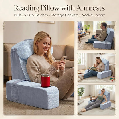 21 INCH Reading Pillow for Adults, Back Pillow for Bed Sitting Up, Backrest Pillow for Sitting in Bed, Detachable Arms with Built-in Cup & Phone Caddy (Gray, 21 INCH)