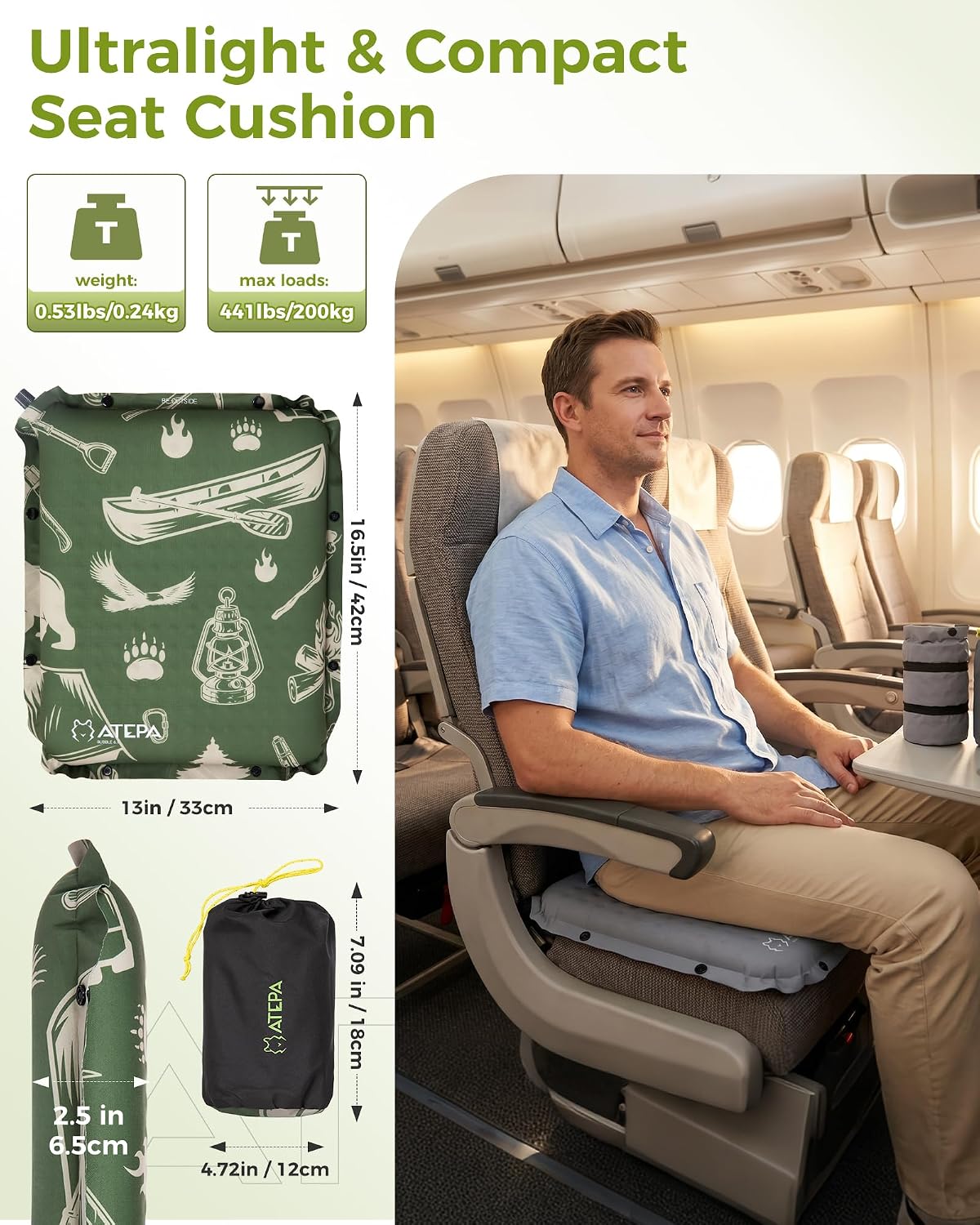 ATEPA Inflatable Seat Cushion | 2" & 2.5" foam core seat pad, Self inflating, Compact, Stadium, Airplane, Travel, Camping, Hiking, Sports events