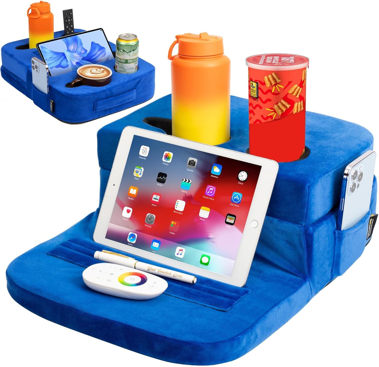 Couch Cup Holder Tray Pillow - Bed, Couch Caddy, Sofa, RV & Car - Holds Drinks, Snacks, Remotes, Phones, Kindle, Tablet | Bed Cup Holder (Grey)