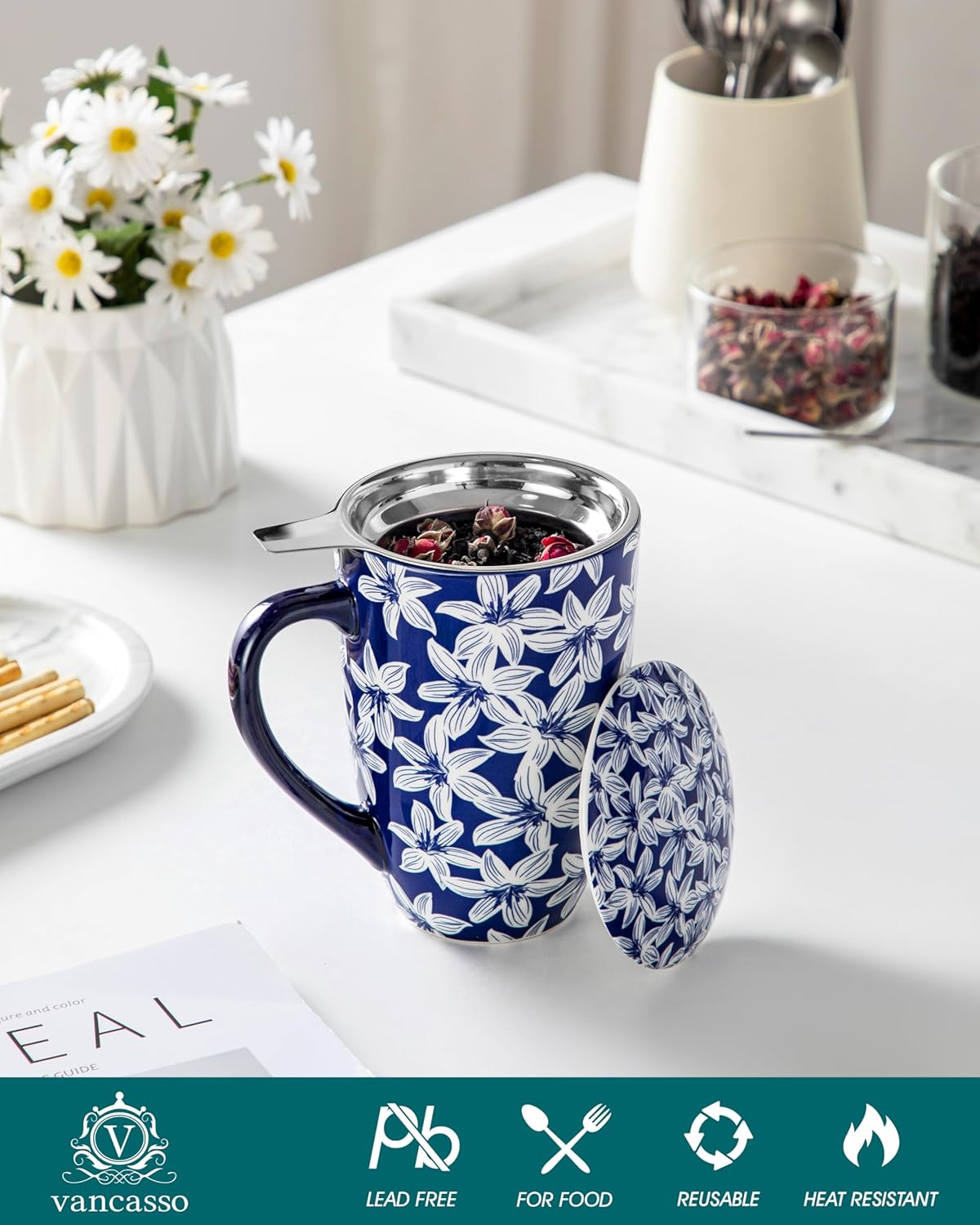 vancasso SELENE Porcelain Tea Mug, 18 oz Porcelain Tea Cup with Infuser and Lid Steeps Loose Leaf Tea, Microwave & Dishwasher Safe, Five-Leaf Clover