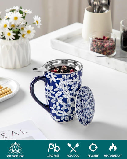 vancasso SELENE Porcelain Tea Mug, 18 oz Porcelain Tea Cup with Infuser and Lid Steeps Loose Leaf Tea, Microwave & Dishwasher Safe, Five-Leaf Clover
