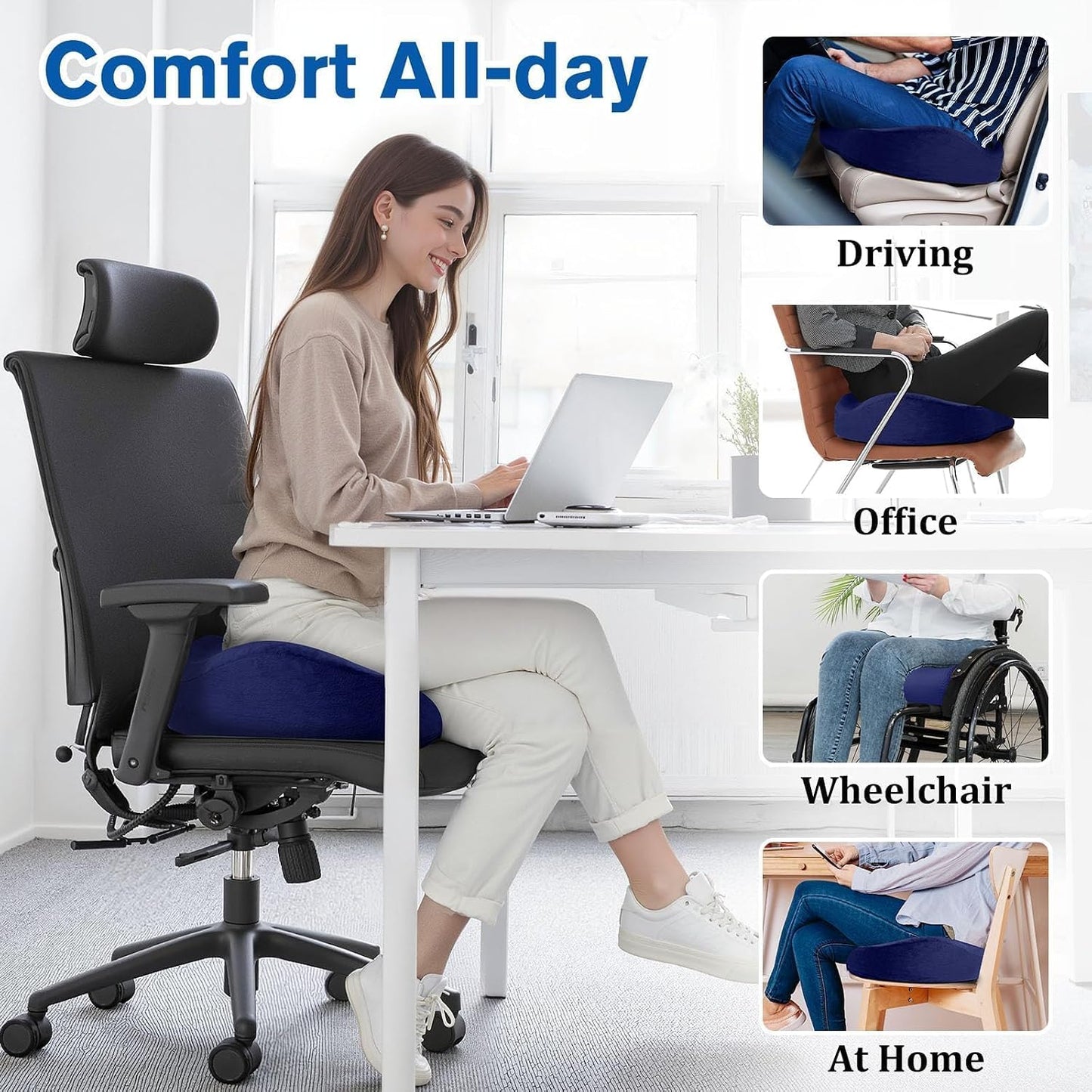 CushyOasis Seat Cushion, Gel Memory Foam Office Chair Cushions, (Black) | Chair Cushion, Anti-Slip Bottom & Removable Cover Tailbone Pain Relief Cushion, Memory Foam Seat Cushion for Office