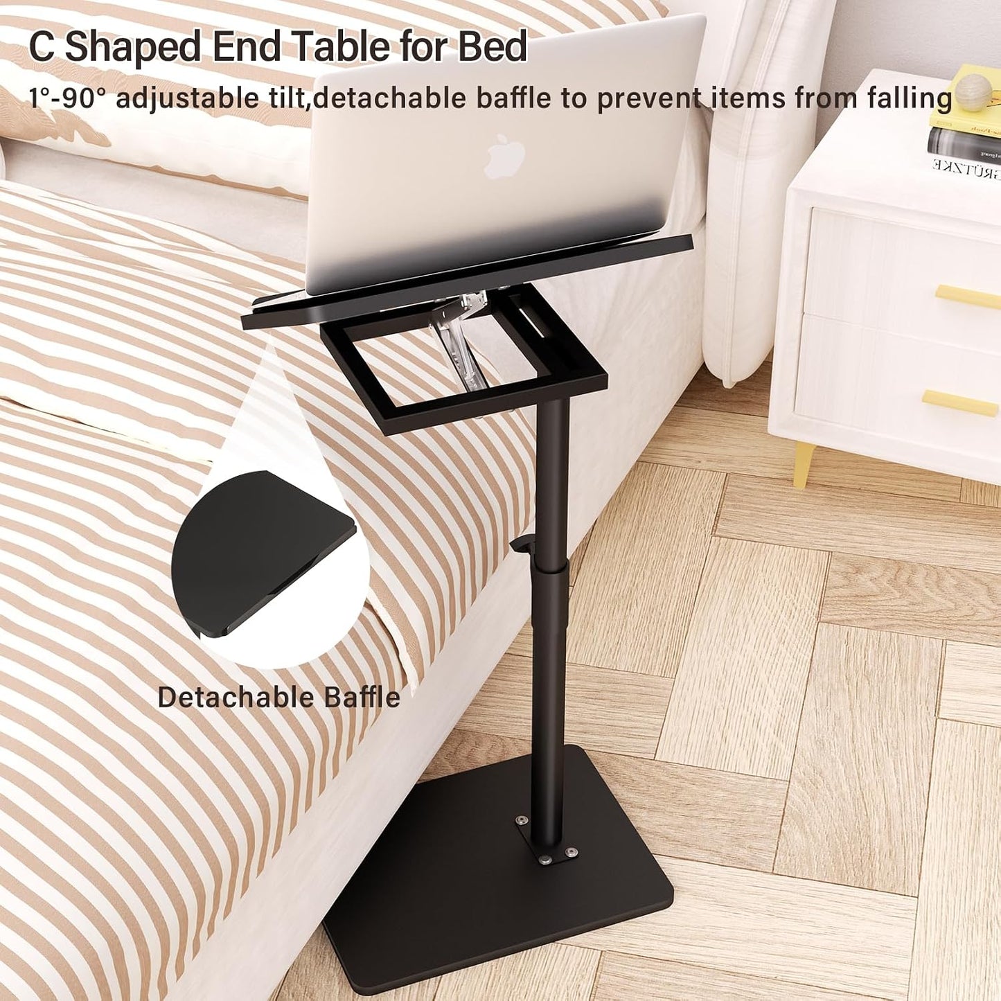 YUHFERA Sofa Armrest Tray Table for Couch - 360° Swivel Height Adjustable End for Small Spaces, Snack Side Table for Bed or Chair with Phone & Tablet Slot (Rustic,Standard)