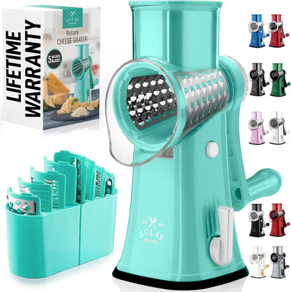Zulay Kitchen Rotary Cheese Grater 5 Blade Cheese Shredder - Manual Hand Crank Cheese Grater With Reinforced Suction & 5 Interchangeable Drums - Easy to Use, Vegetable Chopper Round Mandoline Slicer - Colors B