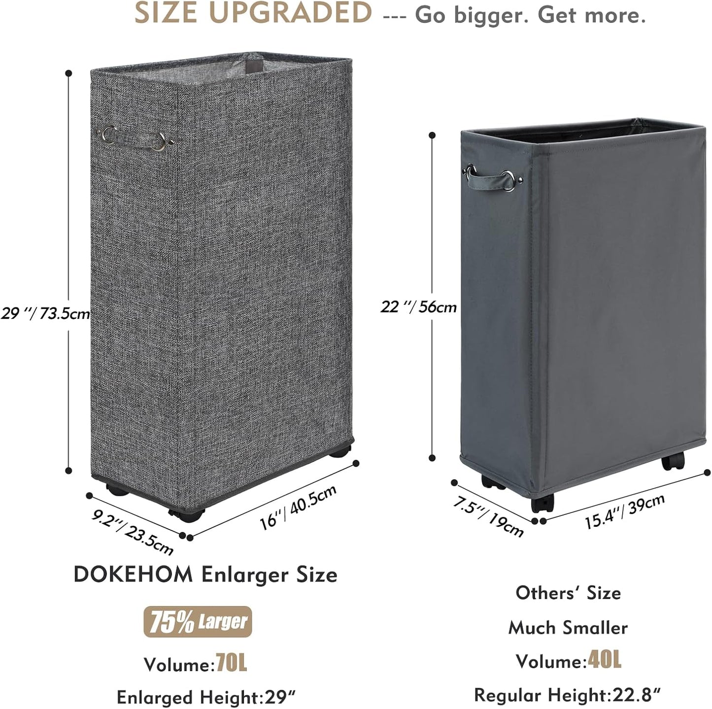 DOKEHOM 25" Slim Rolling Laundry Basket Hamper, Narrow on Wheels, Grey | Collapsible narrow laundry hamper with mesh drawstring closure. Foldable corner clothes storage bin for small spaces