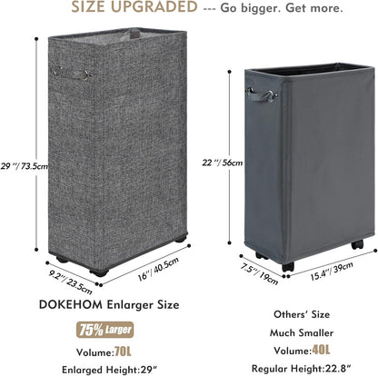 DOKEHOM 25" Slim Rolling Laundry Basket Hamper, Narrow on Wheels, Grey | Collapsible narrow laundry hamper with mesh drawstring closure. Foldable corner clothes storage bin for small spaces