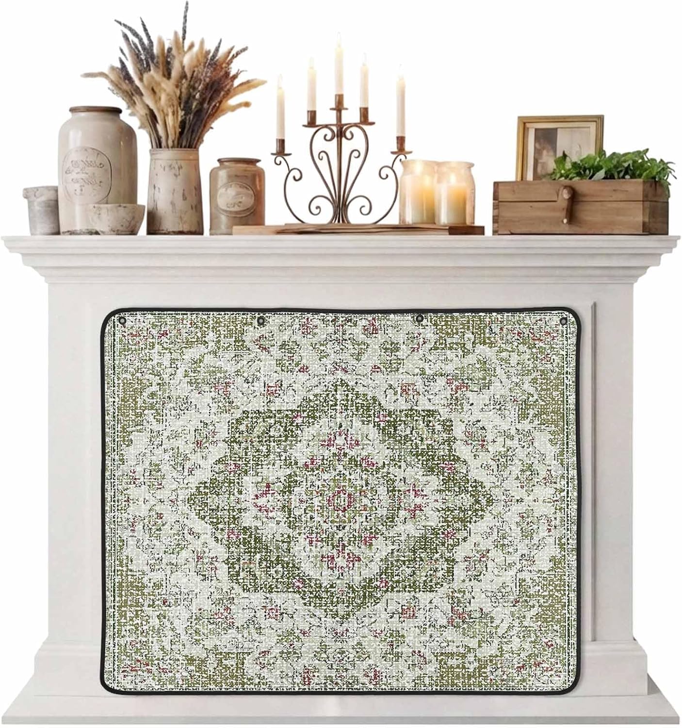 Magnetic Fireplace Cover Grey Medieval Flowers Fireplace Screen Decorative Retro Bohemian Pattern Insulation Fireplace Blocker Save Energy Fireplace Draft Stopper Covers for Living Room 39x32 Inch