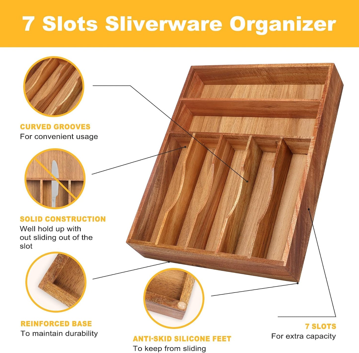 Expandable Bamboo Kitchen Drawer Organizer for Cutlery and Utensils, Adjustable Bamboo Wood Cutlery Tray in Drawer for Flatware and Silverware in Kitchen, (Natural)