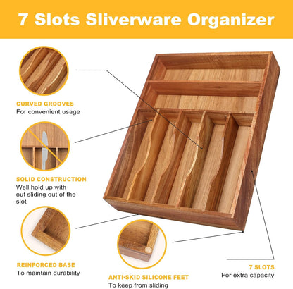 Expandable Bamboo Kitchen Drawer Organizer for Cutlery and Utensils, Adjustable Bamboo Wood Cutlery Tray in Drawer for Flatware and Silverware in Kitchen, (Natural)