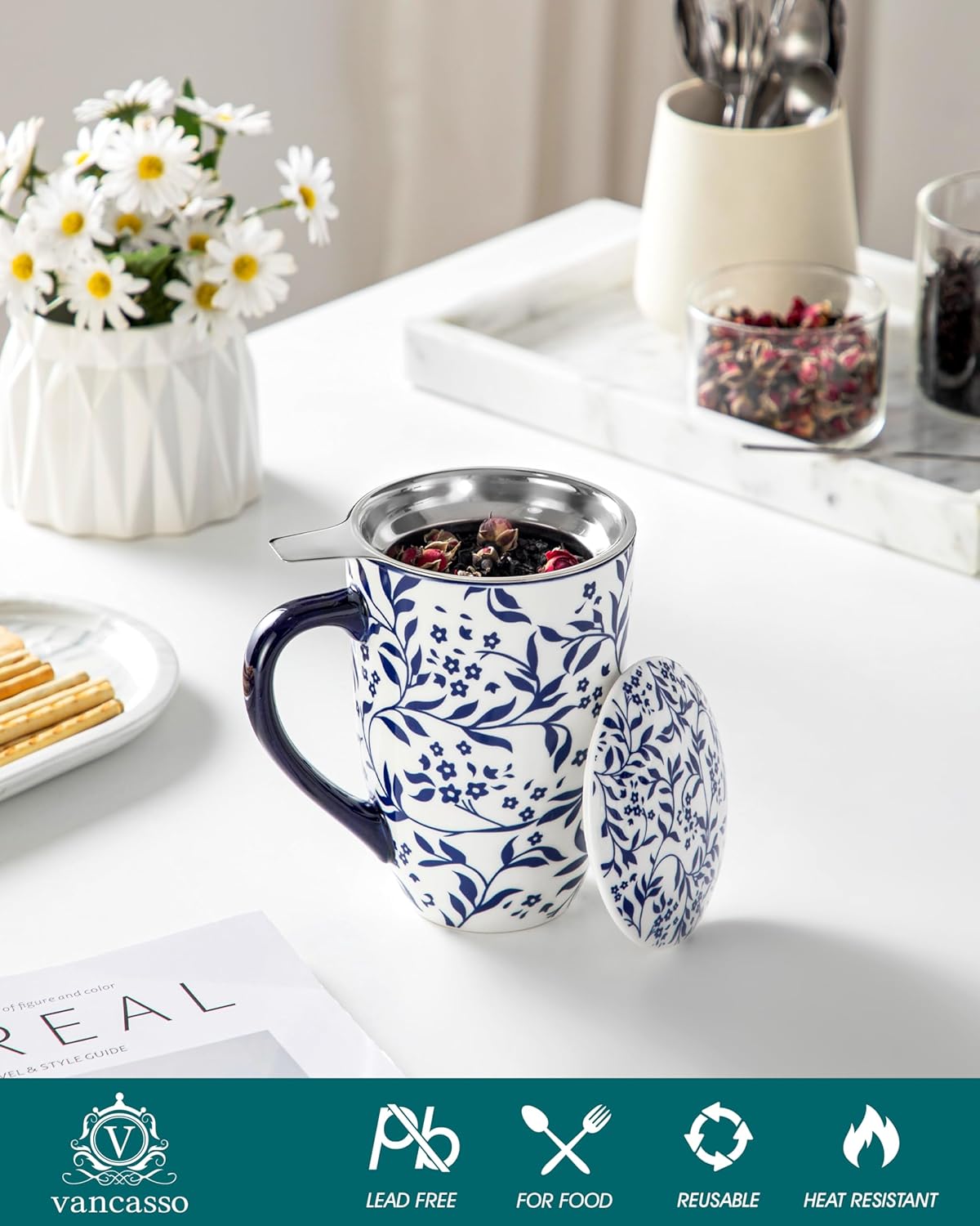 vancasso SELENE Porcelain Tea Mug, 18 oz Porcelain Tea Cup with Infuser and Lid Steeps Loose Leaf Tea, Microwave & Dishwasher Safe, Five-Leaf Clover