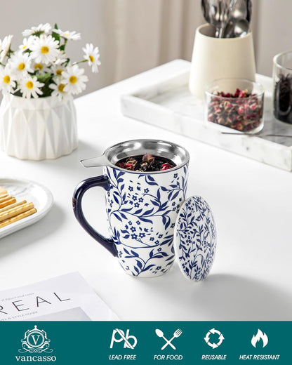 vancasso SELENE Porcelain Tea Mug, 18 oz Porcelain Tea Cup with Infuser and Lid Steeps Loose Leaf Tea, Microwave & Dishwasher Safe, Five-Leaf Clover