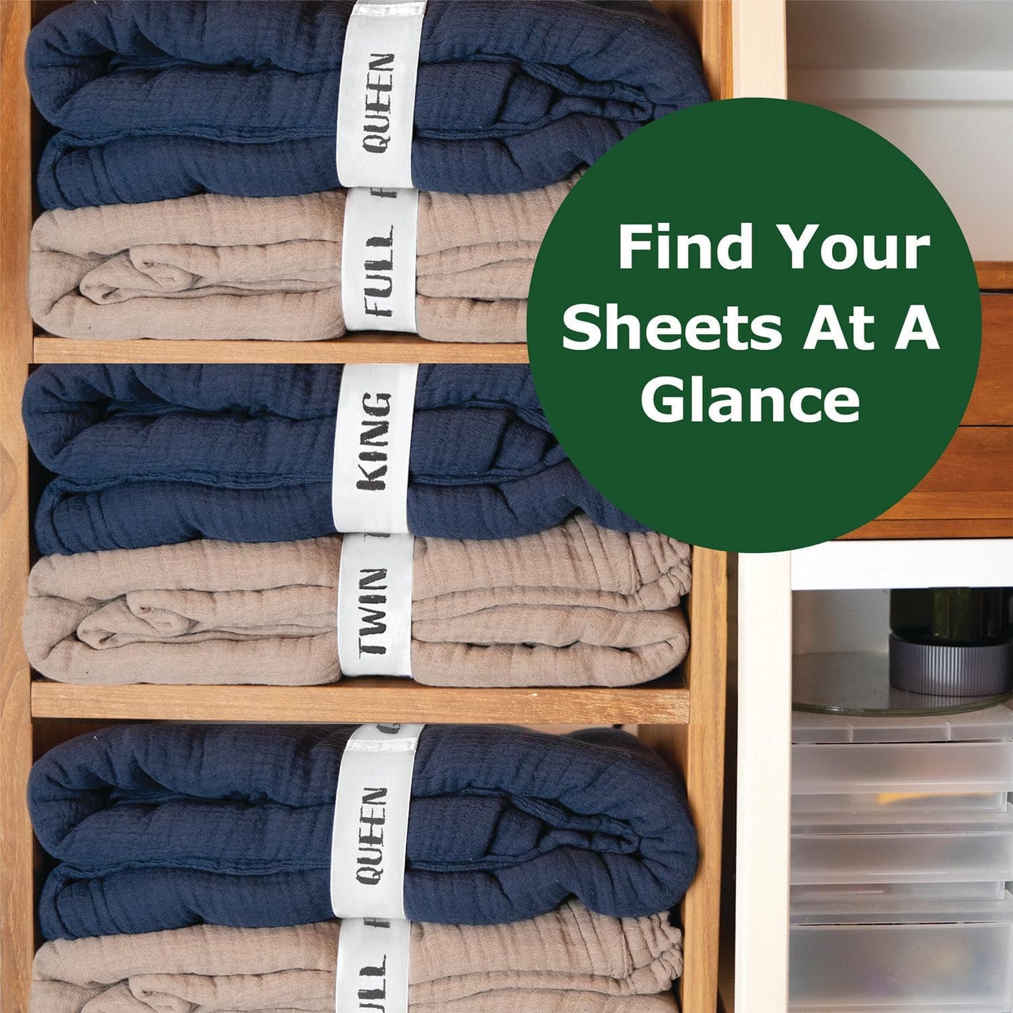 ECOHomes Bed Sheet Organizer Label Bands (King 4PCs Pack, Cream) | Storage Size Label Bands, Bed Sheets Set Organizers, Linen Closet Organization, Elastic Bedding Band, for Organizing Bedsheet