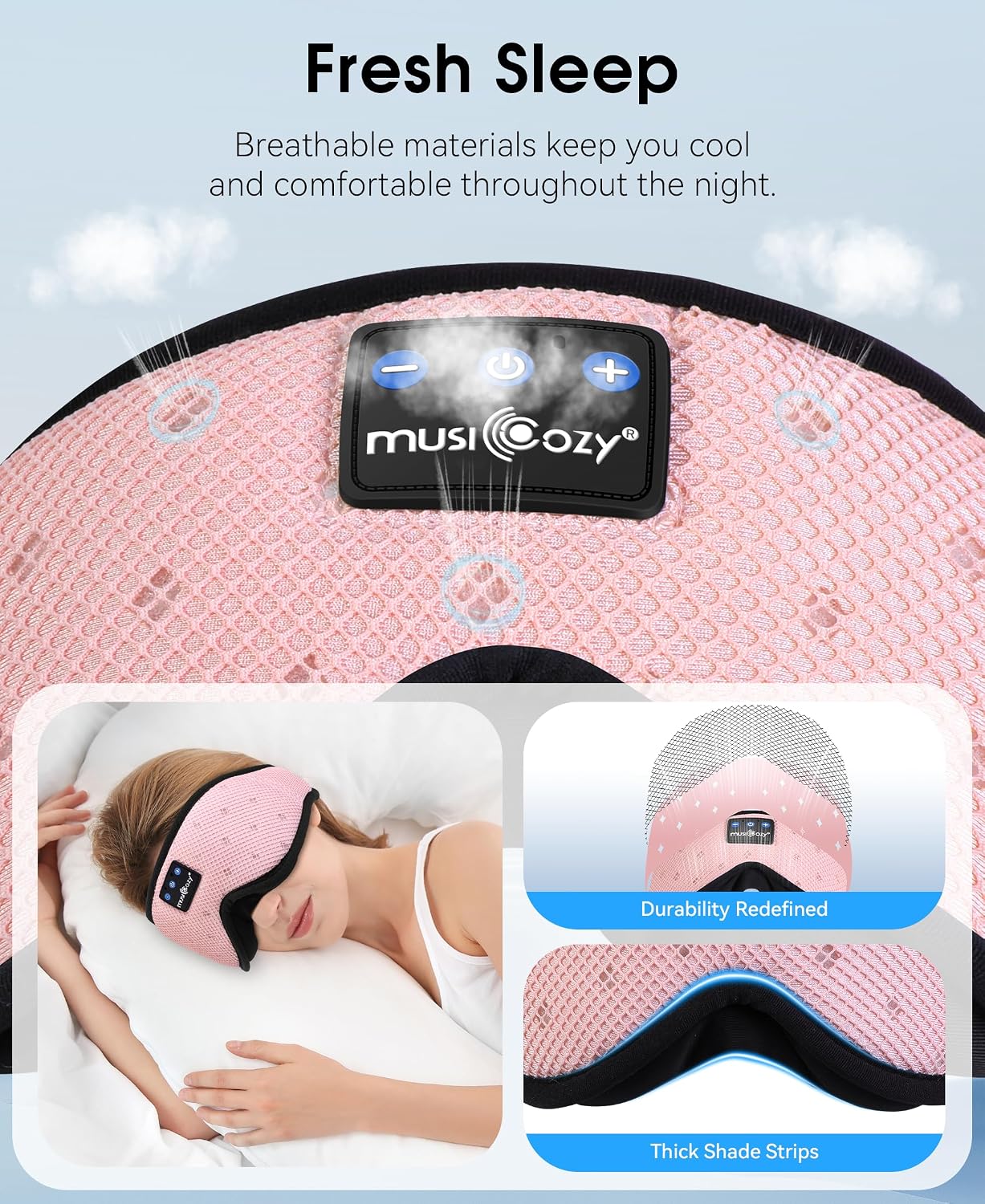 MUSICOZY Breathable Bluetooth Sleep Mask Headphones for Sleeping | Mesh Sleep Mask With Bluetooth 5.4 Audio, Soft Fabric And Comfortable Fit for Side Sleepers, Travel, Meditation and Rest