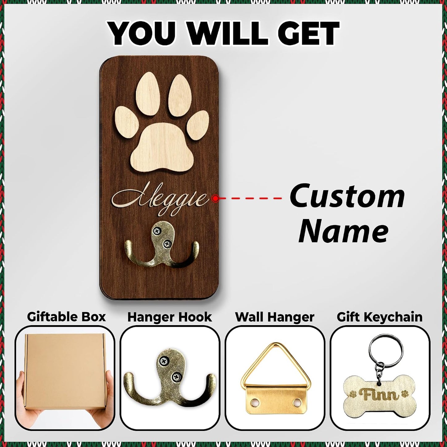 Dog Leash Holder Wall Mount, Pet Harness Hanger with Scrabble Letters, Dog Collar Organizer for Entryway, Memorial Cat Leash Holder for Wall, Pet Loss Gifts, Keepsake, Home Decor PF212-NAT