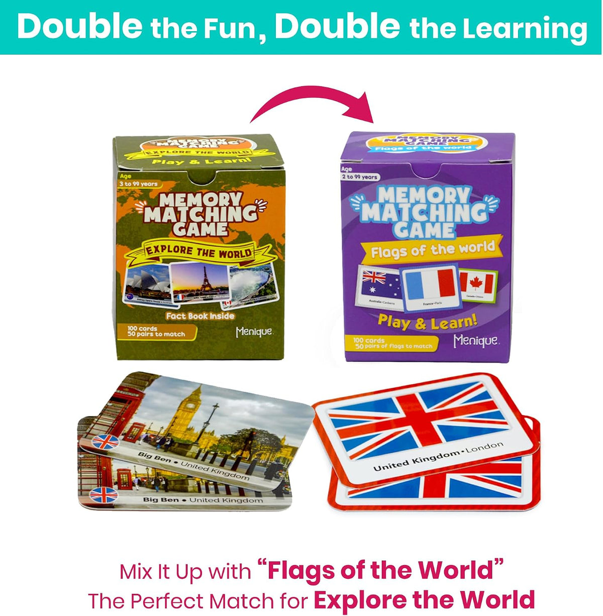 Menique Flags of the World Memory Matching Game – 100 Cards, 50 Countries & Capitals – World Flags Flash Cards for Kids & Adults – Color-Coded by Continent