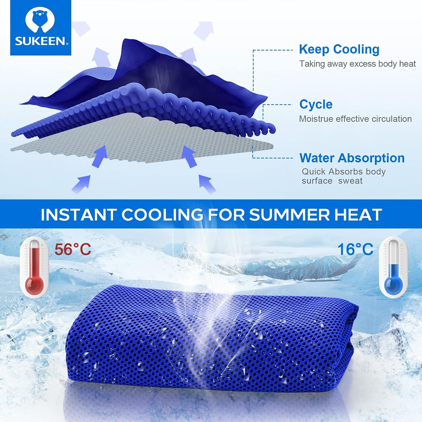 Sukeen Cooling Towels 6 Pack (40"x12"), Cooling Neck Wraps, Ice Towels, Microfiber Breathable Cooling Towel for Hot Weather, Sweat Towel for Gym, Sport, Running, Golf, Workout, Camping, Fitness
