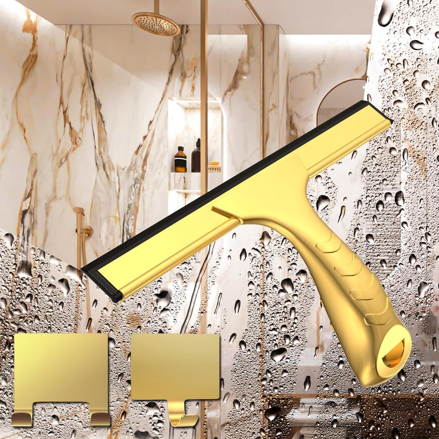 All-Purpose Shower Squeegee for Shower Glass Doors with 2 Adhesive Hook, Stainless Steel Squeegee for Bathroom, Household Window, Mirrors, Tiles and Car Windows 10 Inches, Clear, Golden