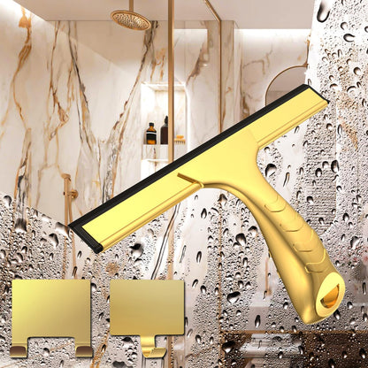 All-Purpose Shower Squeegee for Shower Glass Doors with 2 Adhesive Hook, Stainless Steel Squeegee for Bathroom, Household Window, Mirrors, Tiles and Car Windows 10 Inches, Clear, Golden