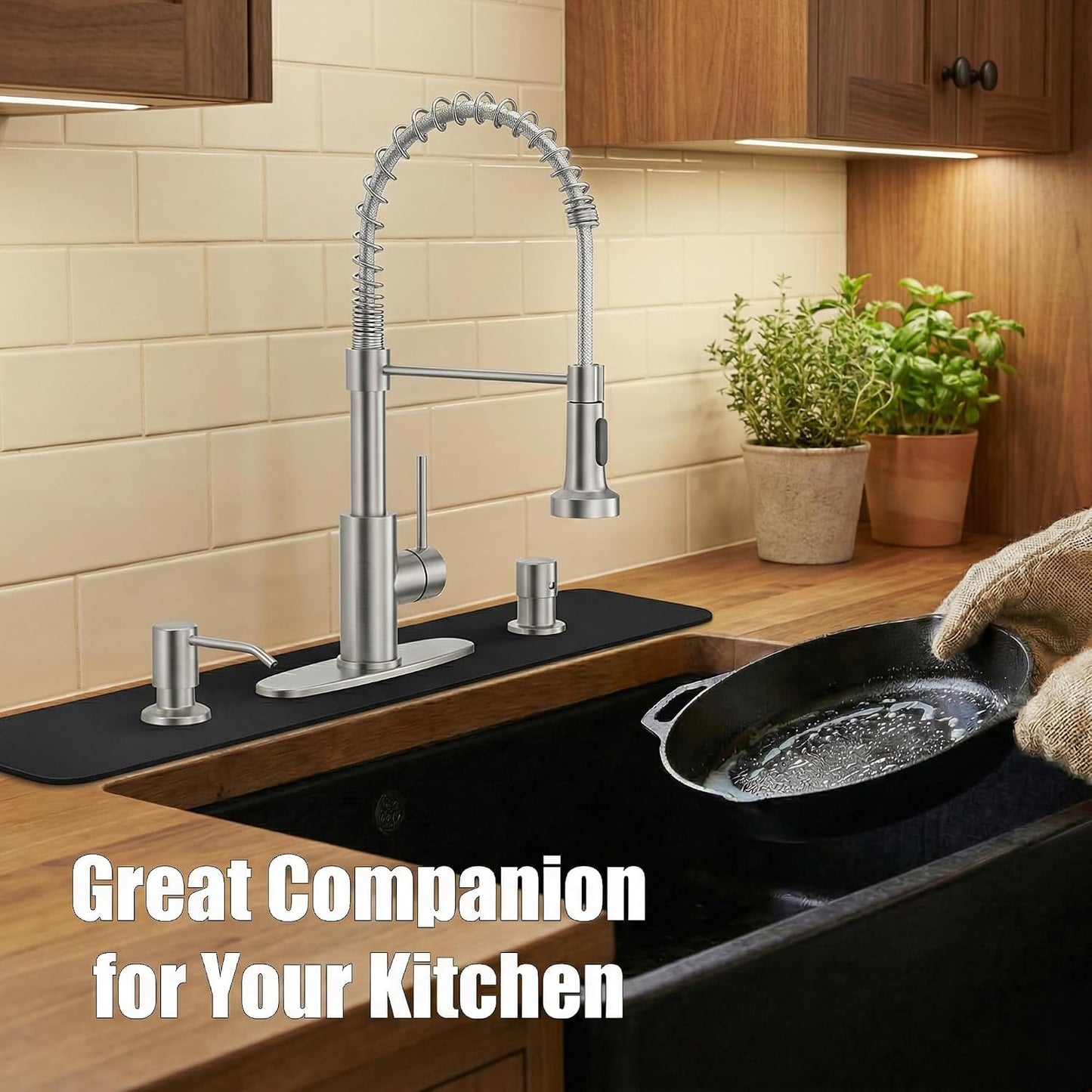 Absorbent Kitchen Sink Faucet Mat for 3-Hole 8" On-Center Faucets, 30"x5.5" | Fits Sink with Soap Dispenser, Air Gap & Side Sprayer - Cuttable Drip Catcher Splash Guard for Irregular & 3, 4 Hole Sinks