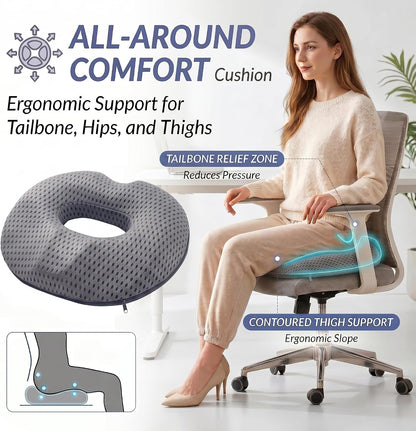 Circular Memory Foam Seat Cushion, Tailbone Pressure Relief Pillow for Office Chair Car Wheelchair, Breathable Mesh Comfort Pad for Daily Sitting Support (Black)