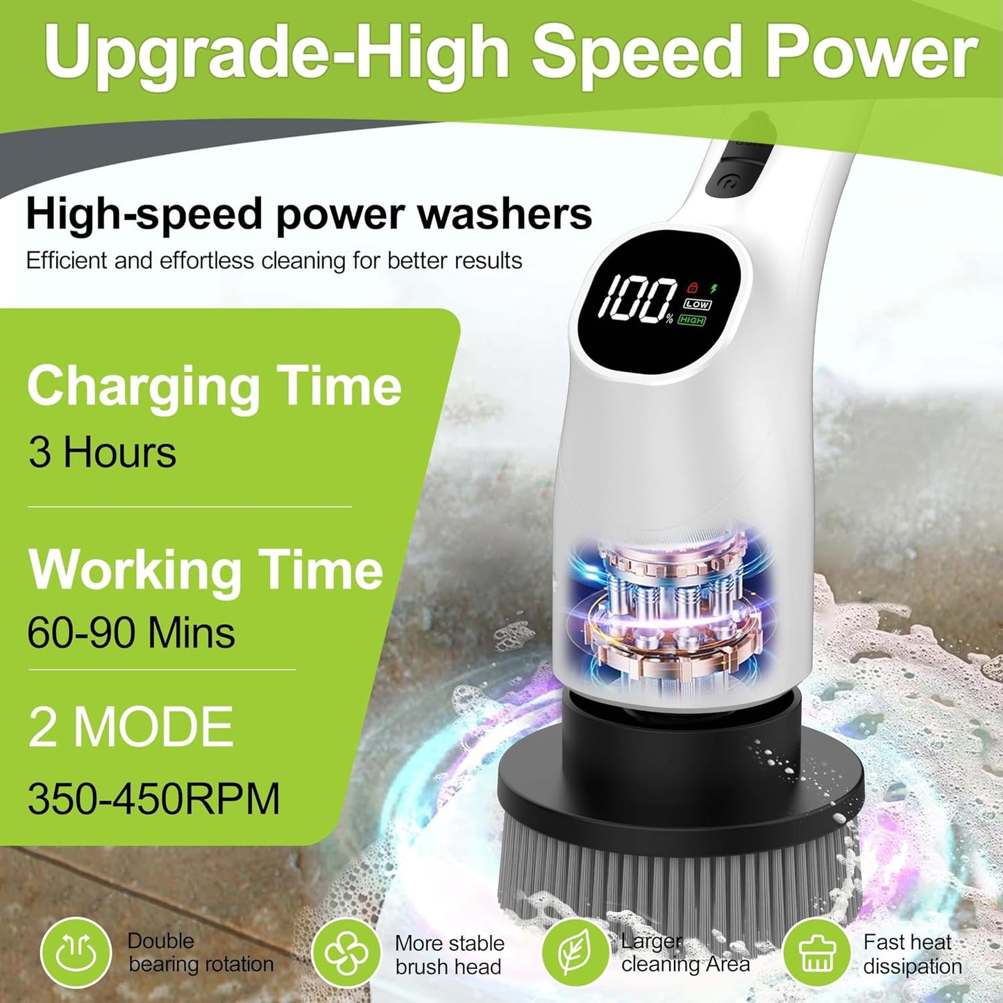 WKY-Electric Spin Scrubber - 10-in-1 Cordless Shower Scrubber & Cleaning Brush with Extendable Handle, 42 in-lbs Ultra High Torque, 2 Speeds, IPX7, LED Display, Smart AI Chip, for Bathroom, Kitchen