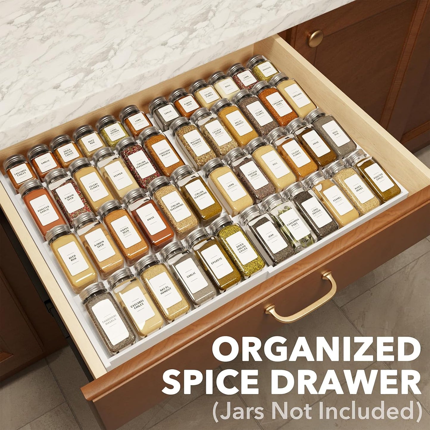 SpaceAid Bamboo Spice Drawer Organizer, (Need 3" Deep Drawer) Expandable 4 Tier Spices Rack for Cabinet, Kitchen Seasoning Storage Insert (Jars Not Included, From 12" to 23" Wide)