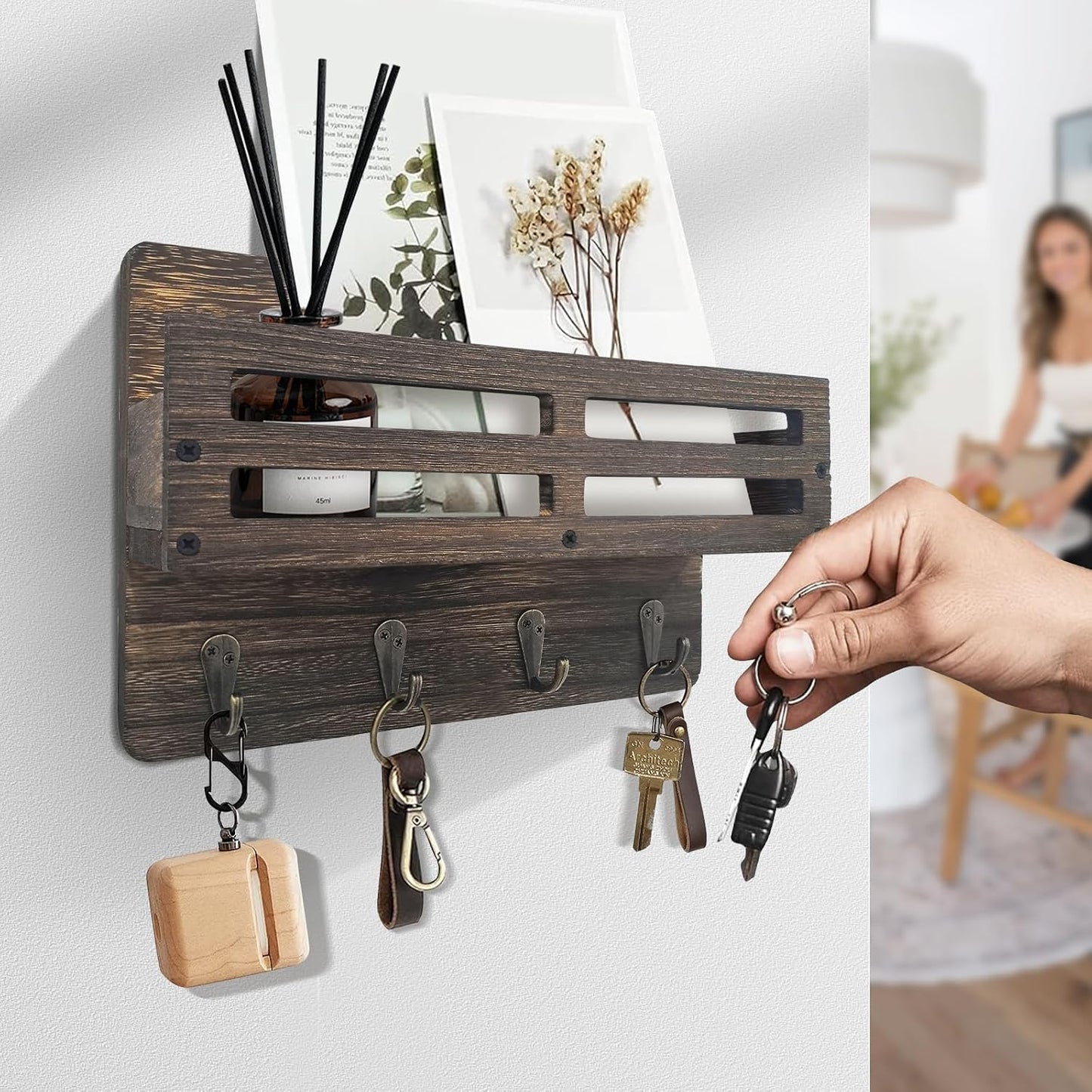 Key Holder Wall Mount, 10 inch Decorative Key and Mail Holder for Wall, with Mail Organizer & 4 Key Hooks, Rustic Wooden Key Rack for Hanging Dog Leash Sunglasses, Entryway Key Hanger, Black
