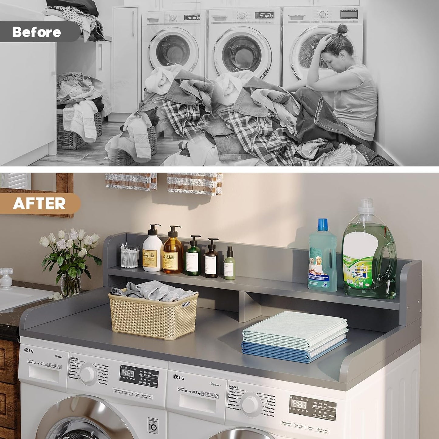 2-Tier Washer Dryer Countertop with 2.75" H Edge Rails, 54" W x 27.55" D Laundry Countertop for Folding Clothes, Washer and Dryer Topper with Non-Slip Pad (Dark Walnut)